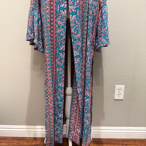 BCBGMAZAZRIA  Long Cardigan Size Large  Long Pink Blue Boho Duster Kimono - Picture 2 of 7